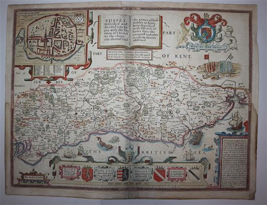 Norden and Speede, coloured engraving, Map of Sussex 1610, 41 x 53cm, unframed